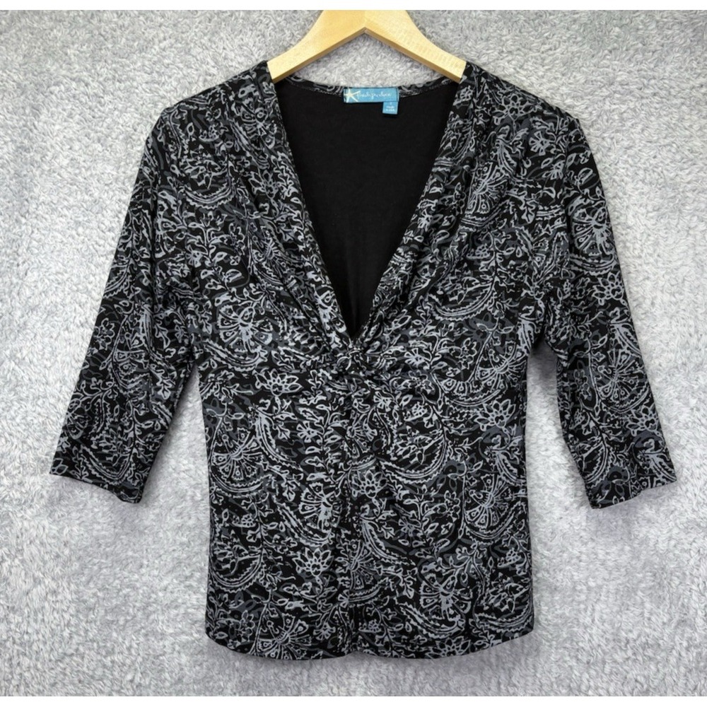 Fresh Produce Womens Small Black Floral Deep V Neck Fitted Stretch Top Y2K